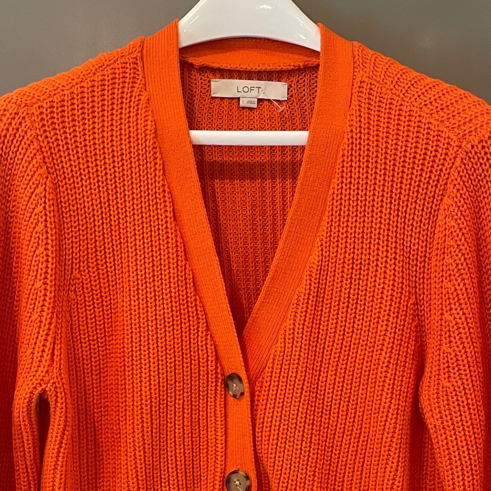 Loft Orange Shaker Stitch V-Neck Button Front Cardigan Sweater Large